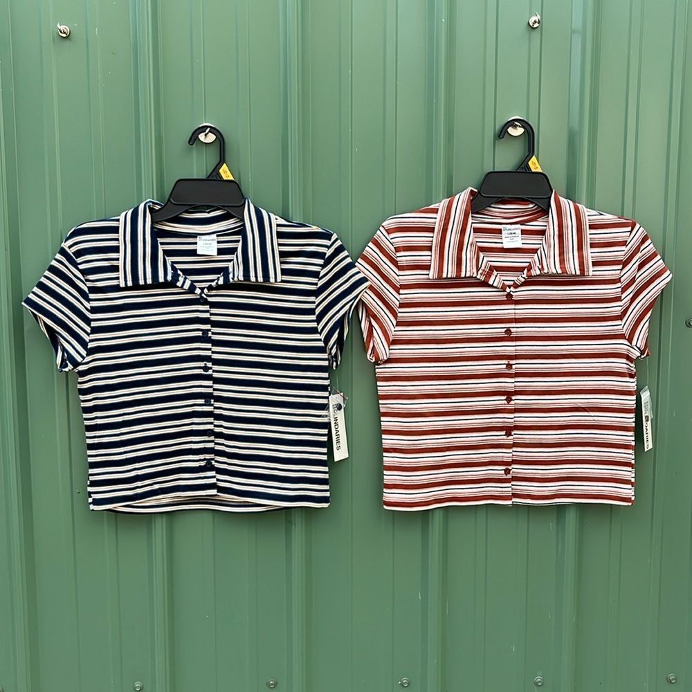 Women’s Button Front Cropped Striped Polo Shirt 2-Pack Size L
